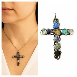 Cross Hand Crafted Pendant Raw Natural Stones Energy Spiritual Religious Jesus